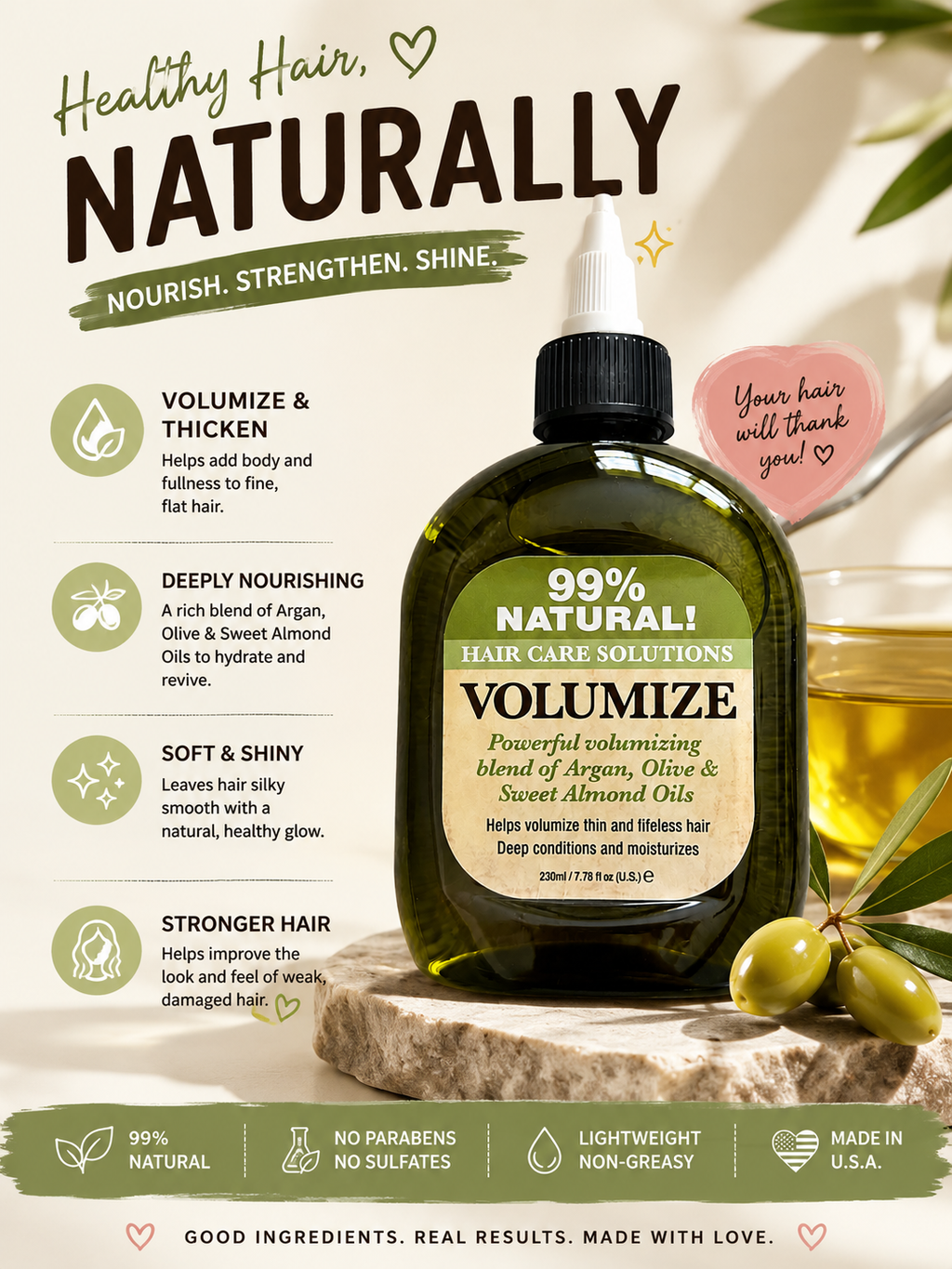 Haircare Solutions Volumize Hair Oil with Argan, Olive, Almond Oil for Thick Voluminous, Moisturized Hair