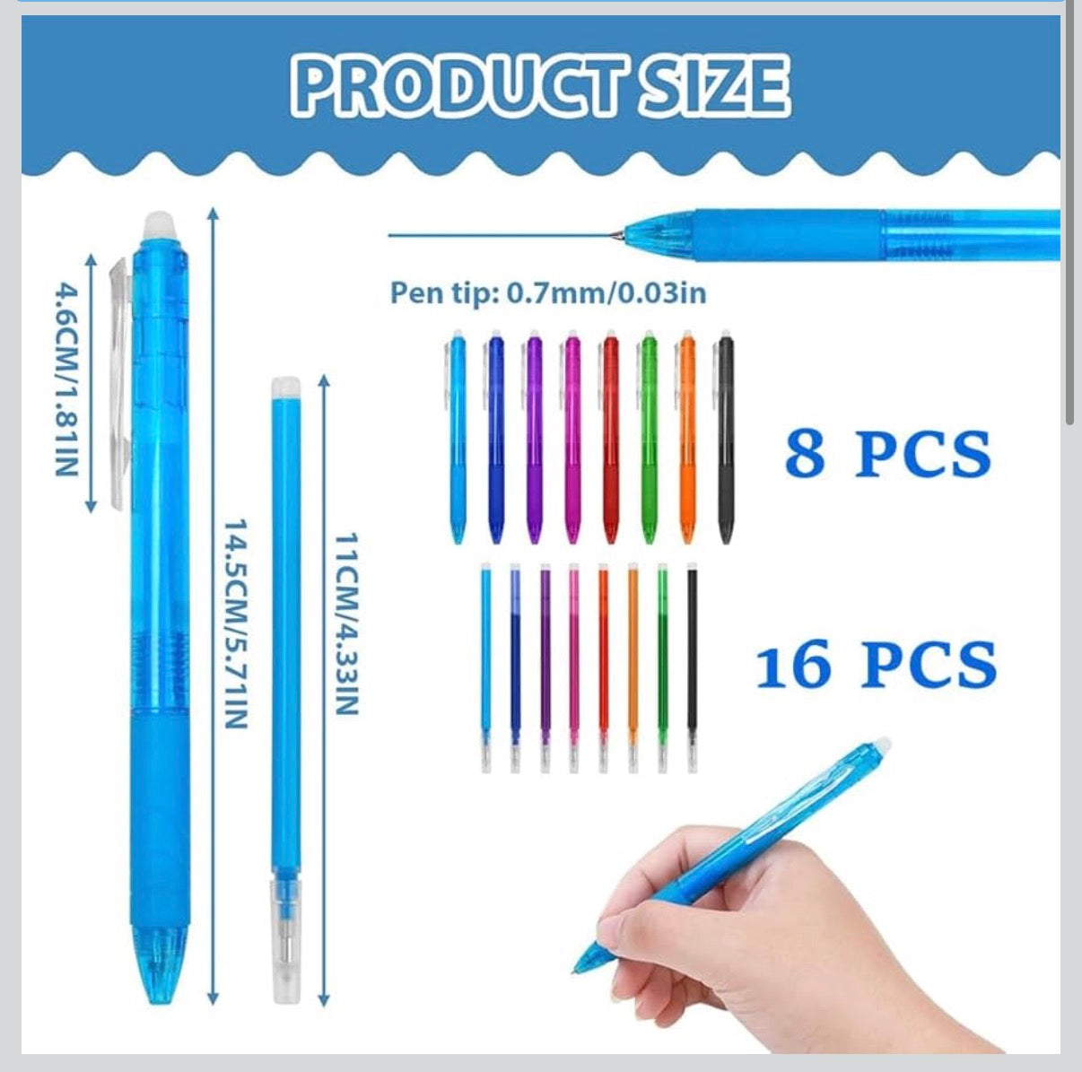 8 Pack Erasable Retractable Gel Ink Pens with Refills 0.7mm