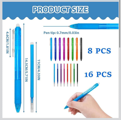 8 Pack Erasable Retractable Gel Ink Pens with Refills 0.7mm