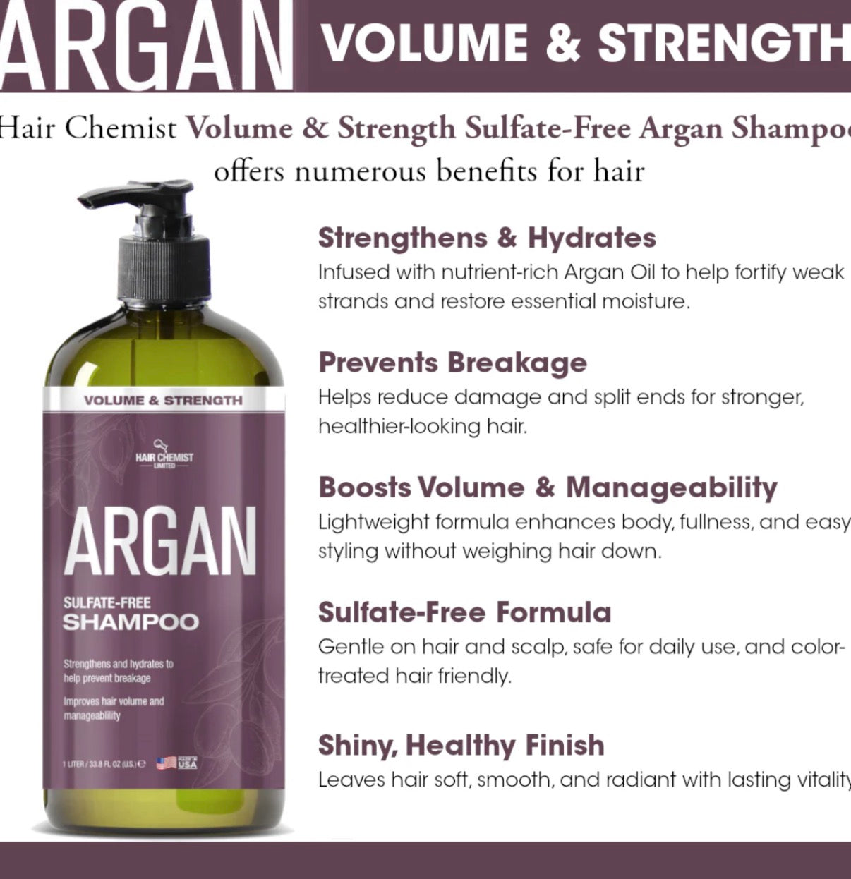 Hair Chemist Argan Shampoo Sulfate Free Volume and Strength 1L