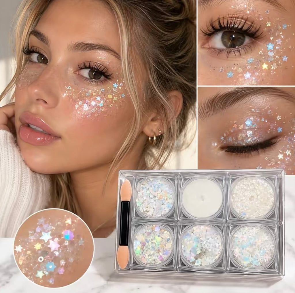 6 Piece White Glitter Body Face Nails  Makeup White Glitter New Sealed