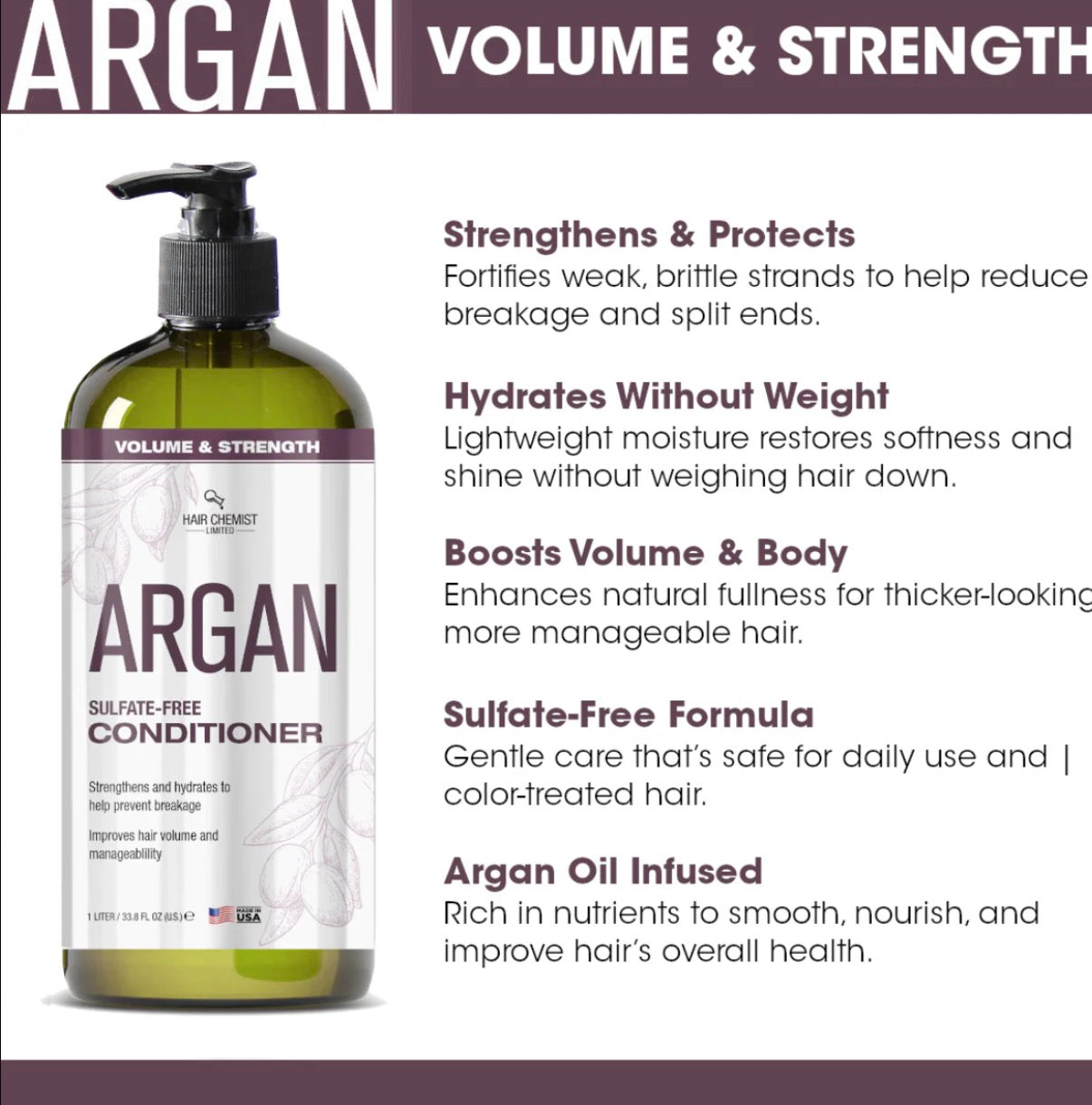 Hair Chemist Argan Conditioner Sulfate Free Volume and Strength 1L