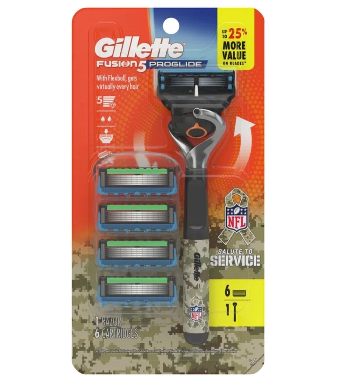 Gillette Fusion 5 Proglide Razor Salute To Service Camo Design with 6 Refill Cartidges