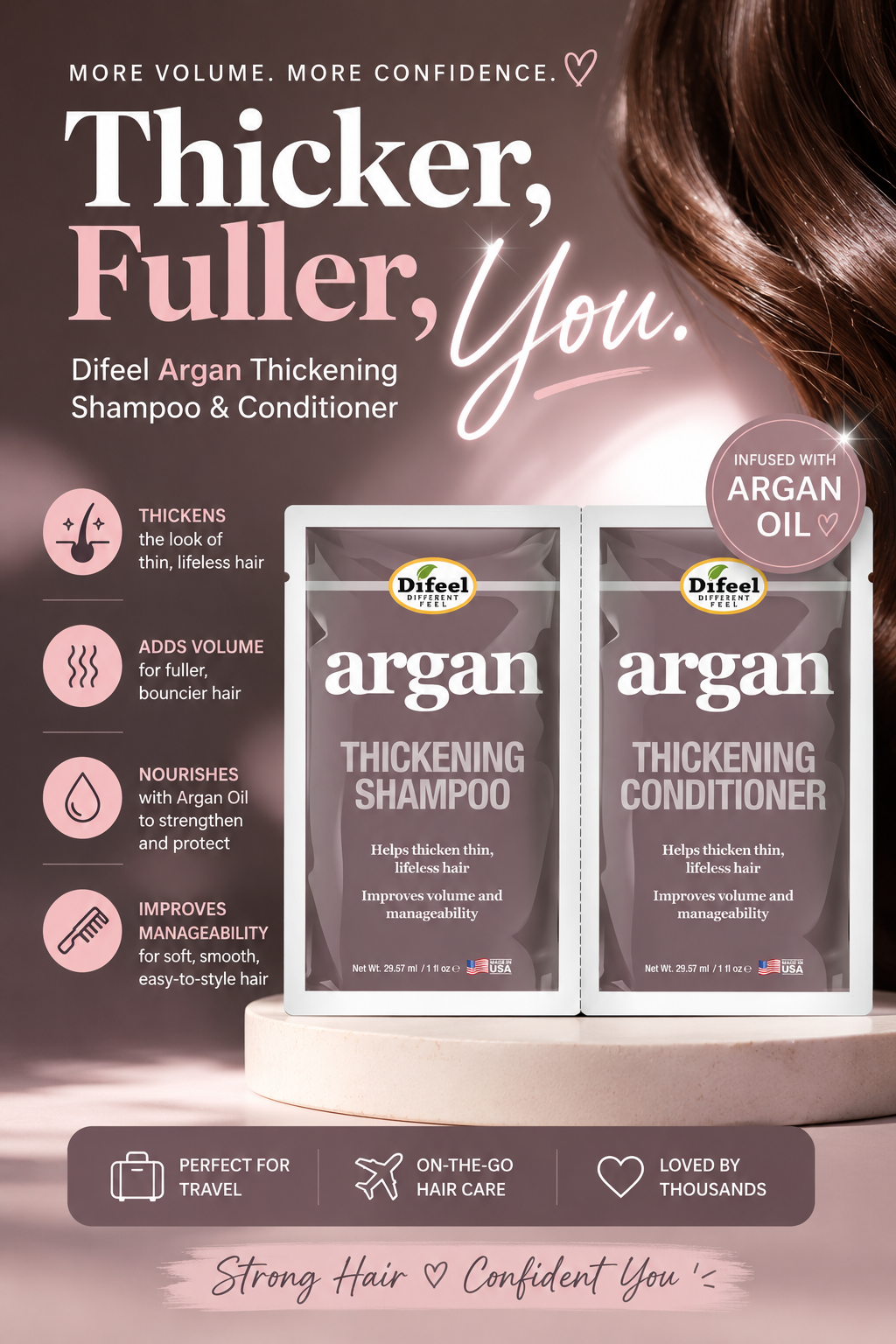 Difeel Argan thickening shampoo and conditioner set for thicker hair 1oz each