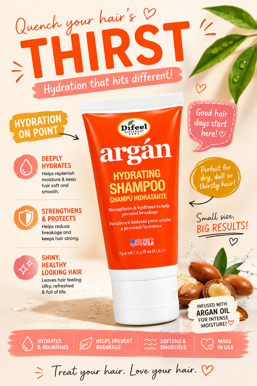 Difeel Argan Oil Hydrating Shampoo Strengthens and Hydrates