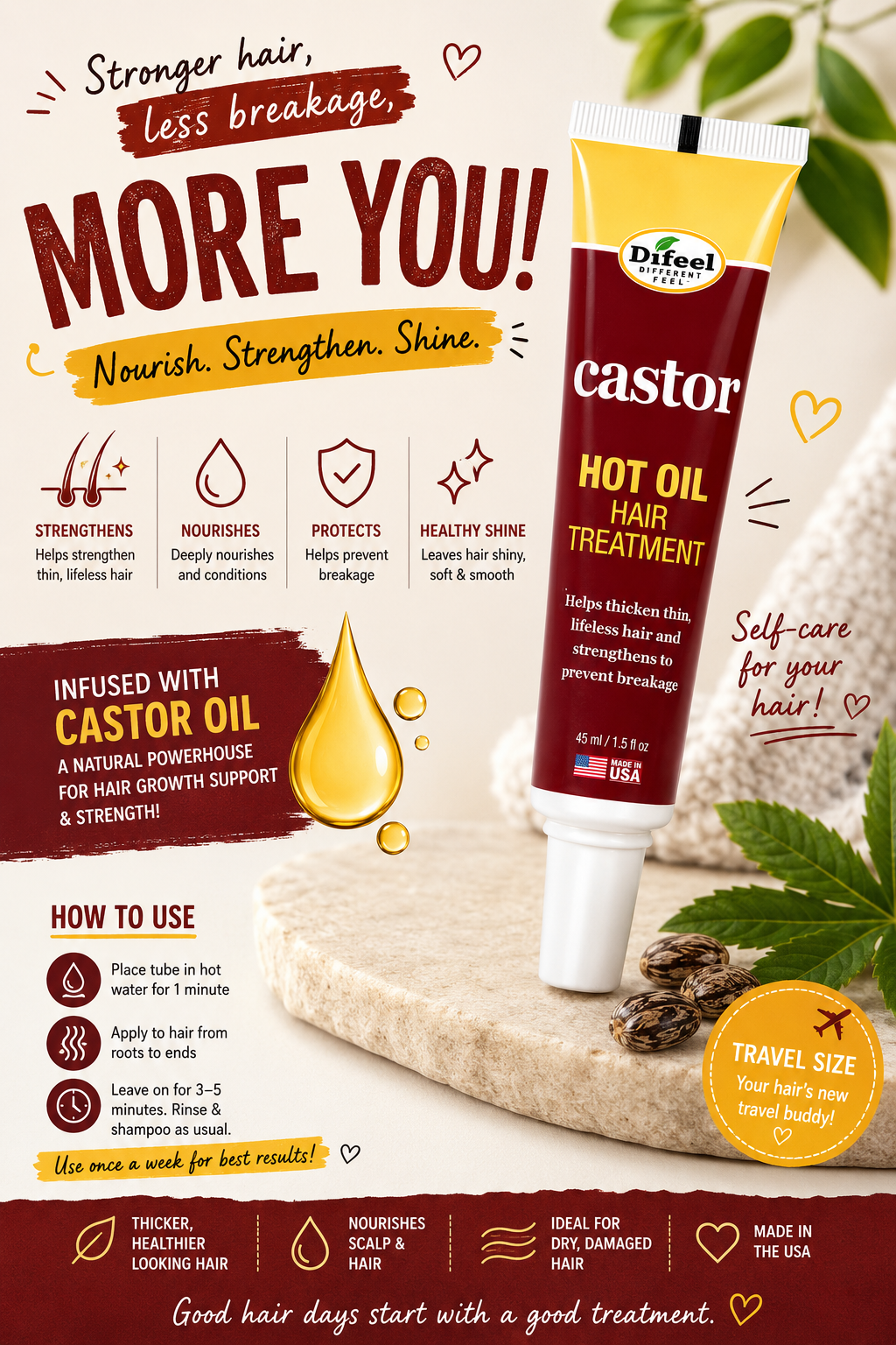 Difeel Hot Oil Castor Oil Hair Treatment Thicken and Strengthen Hair